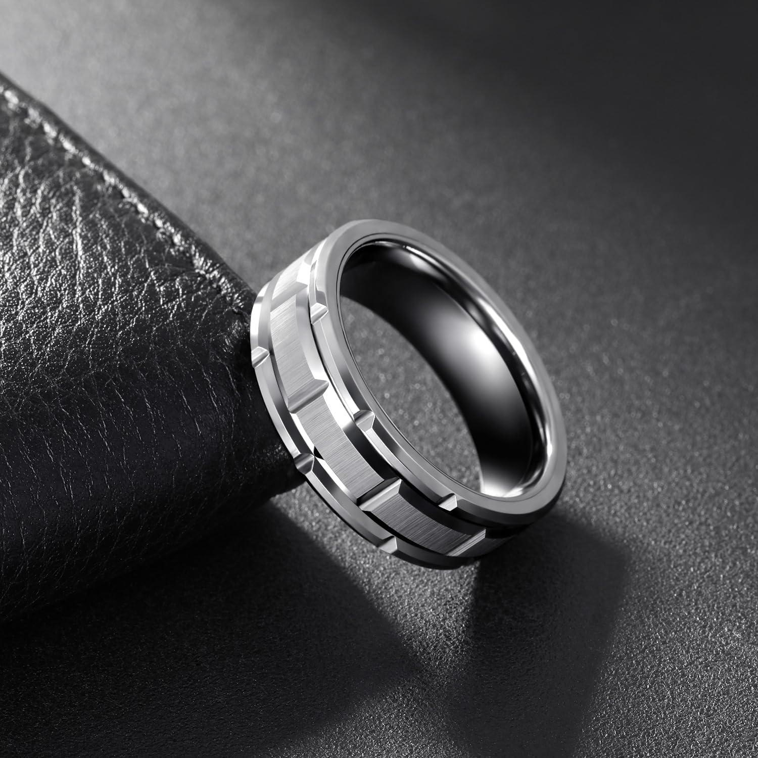 Greenpod 8mm Tungsten Carbide Rings for Men Black/Silver/24K Gold Plated Brick Pattern Grooved Brushed Wedding Band Comfort Fit Size 7-13 - Image 2