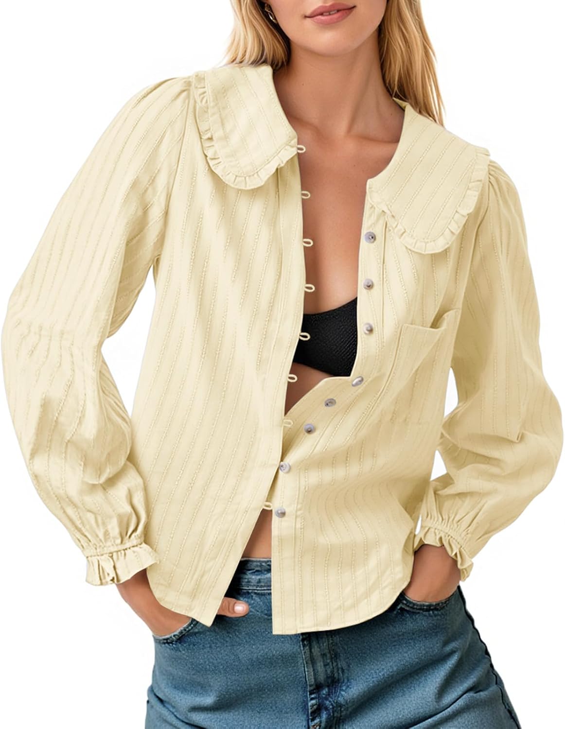 Tankaneo Womens Peter Pan Collar Shirts Puff Long Sleeve Button Down Cotton Blouse Casual Fall Textured Tops