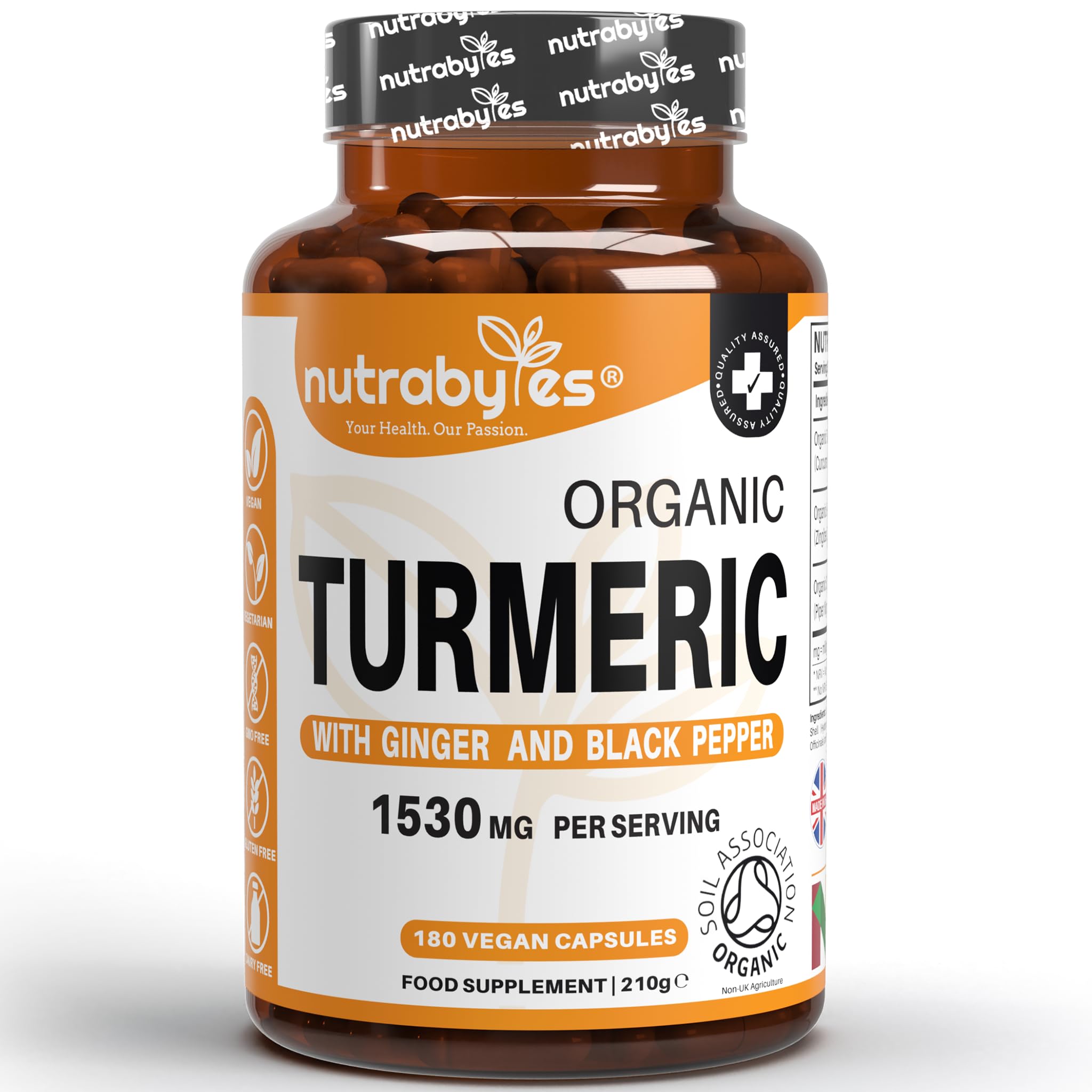 NUTRABYTESOrganic Turmeric Curcumin with Ginger and Black Pepper Capsules, High Strength 1530 MG, 180 Turmeric Curcumin Capsules, 6 Months, Certified Organic, Vegan, GMO and Gluten Free, UK Made,