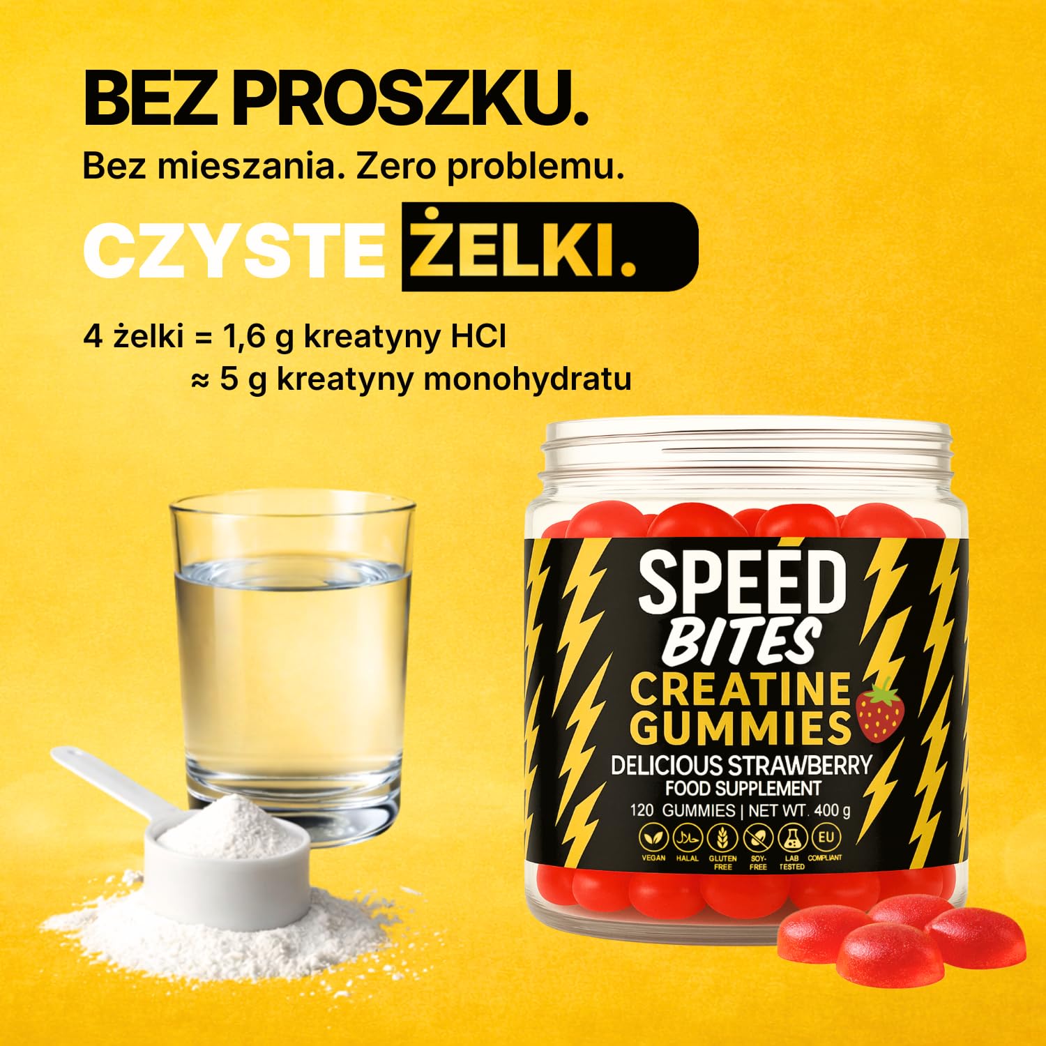 Kreatyna HCl Żelki – 1600 mg czystej Kreatyny HCl ≈ 5000 mg Monohydratu – Wegańskie, Bez Cukru, Wysoka Przyswajalność – Siła, Energia & Regeneracja – Produkcja UE – 120 Żelków