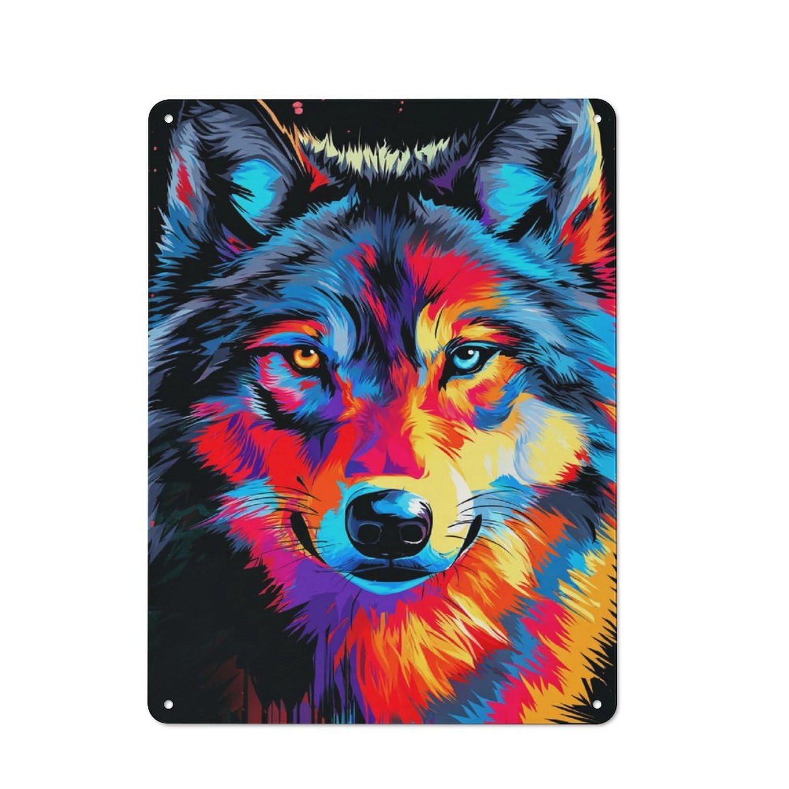 Junmoney Colorful Wolf Portrait Artwork -4 Warehouse Style Tin Wall Sign 40X30cm Featuring Loft Wall Plaque For Loft, Studio, Office Or Creative Room