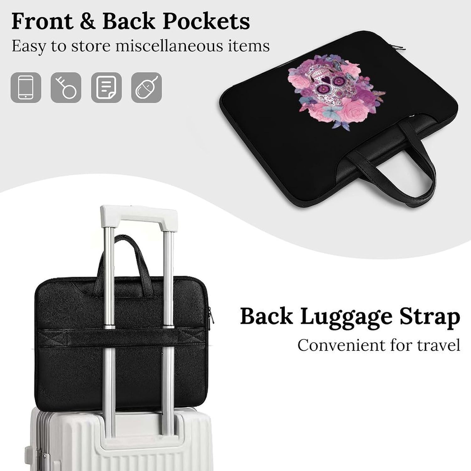 Gothic Skull Skeleton Rose PU Shockproof Laptop Tote Bag image 4