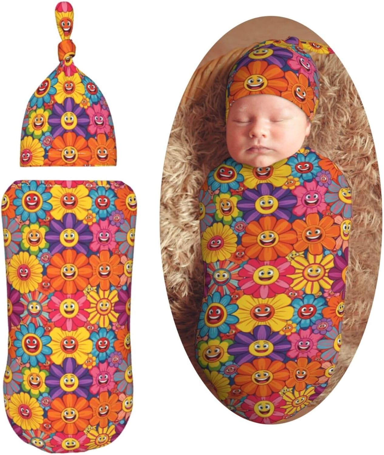 Colorful Cartoon Hippie Flower 80s 90s Newborn Swaddle Blankets Hat Sets Soft Baby Receiving Blanket Swaddle Sack for Baby Shower Infant Boy Girl Gift
