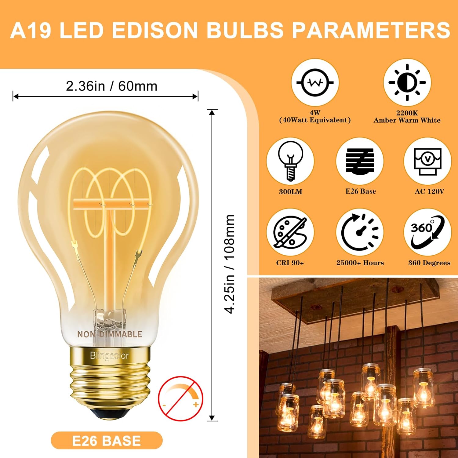 A19 Vintage E26 LED Edison Light Bulbs 40 Watt, Non-Dimmable, 2200K Amber Warm Light Bulbs, 4W LED A19 Edison Bulb 40 Watt Equivalent, 4 PACK Vintage Antique Decorative Light Bulbs, CRI 90+