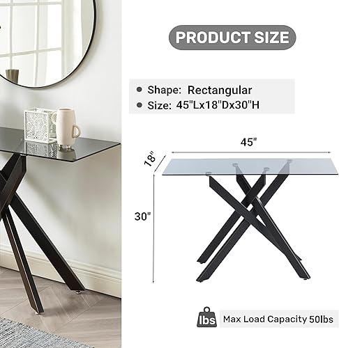 Miniatura 2 de Edwin's Choice Mesa consola de vidrio negro estrecha con parte superior de vidrio templado gris y patas tubulares de metal negro con borde dorado