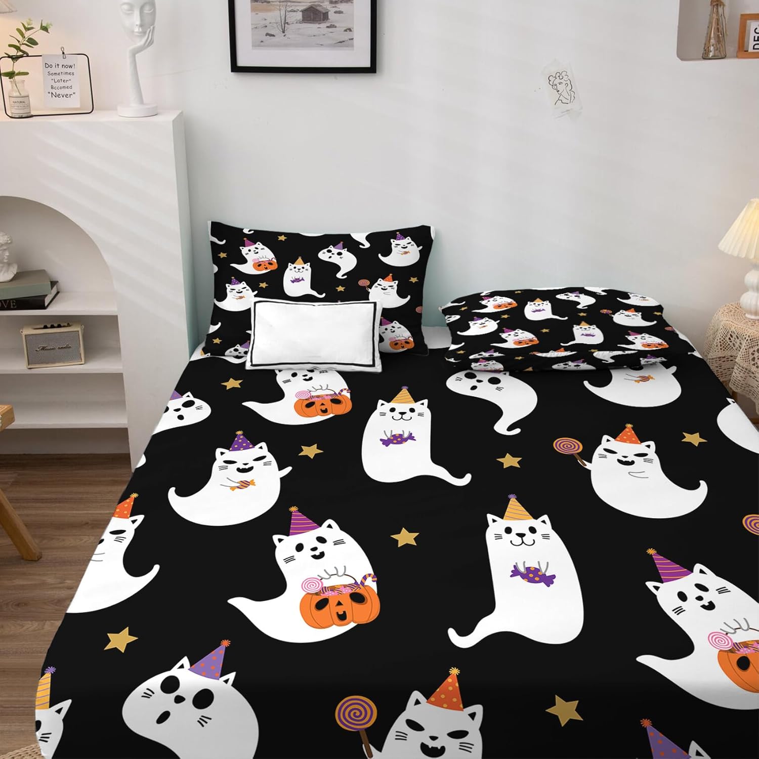 Halloween Sheets Twin XL Size, Ghost Cat Bed Sheets, Patterned Bedding Sheets & Pillowcases 3 Piece Set - Soft Microfiber Deep Pocket Fitted Sheet & Flat Sheet & Pillow Case Z6-&-255