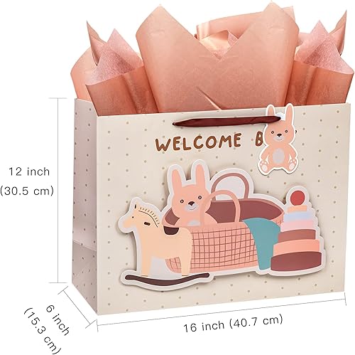 Miniatura 8 de LeZakaa Bolsa de regalo grande de 16 pulgadas y papel de regalo con diseño temático de baby shower para bebé, niño y niña, 17 x 120 pulgadas por