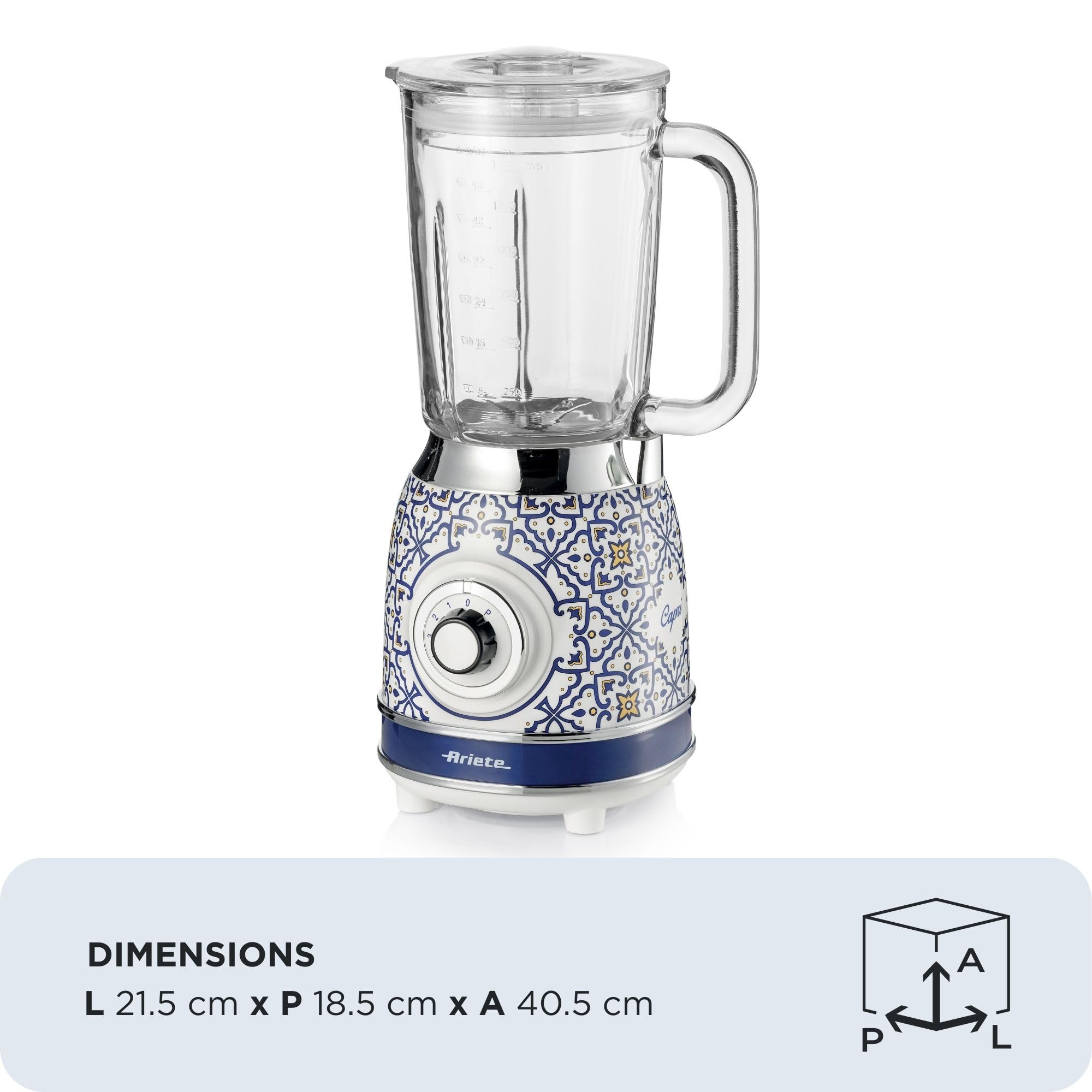 Ariete 583 Capri, Blender Mixeur Électrique en Verre de 1,5 Litres, 4 Vitesses + Pulse avec Fonction Broyeur de Glace, 4 Lames en Acier Inox, 1000 Watts, Smoothies, Milkshakes et Granités