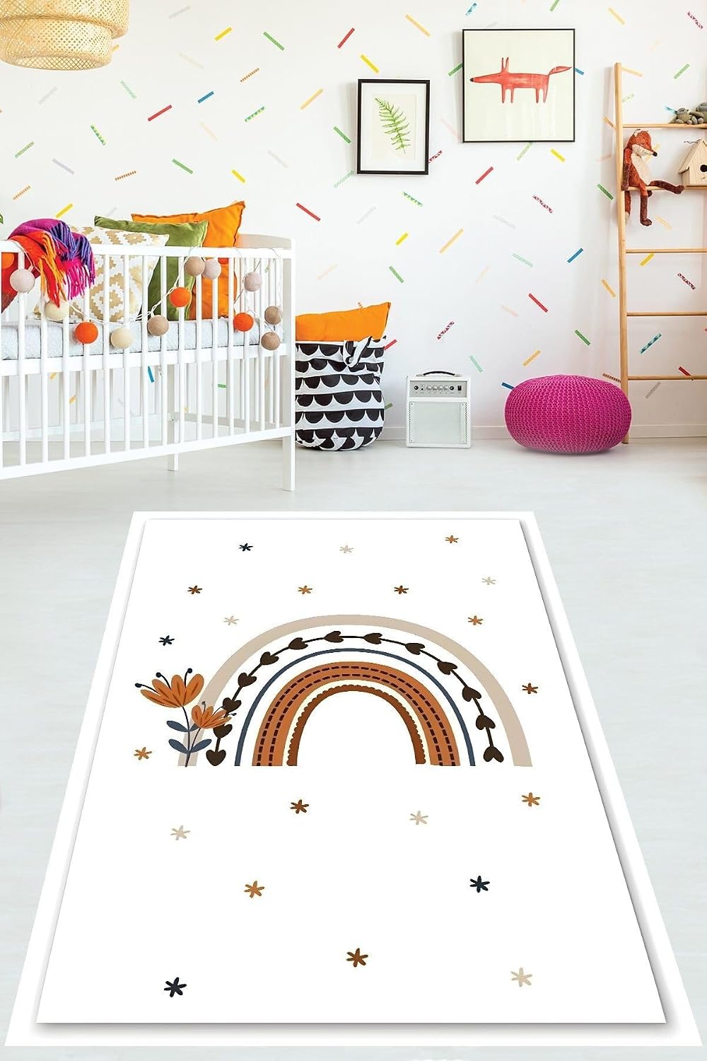 Pelangi Bohemian İskandinav Tarz Gökkuşağı Çiçekli Yıkanabilir Kaymaz Taban Leke Tutmaz Çocuk Odası Halısı, Beyaz-Kahve-Gri 160 x 230