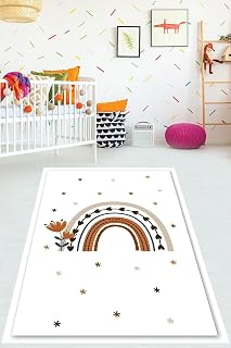 Pelangi Bohemian İskandinav Tarz Gökkuşağı Çiçekli Yıkanabilir Kaymaz Taban Leke Tutmaz Çocuk Odası Halısı, Beyaz-Kahve-Gri 160 x 230