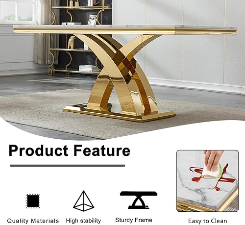 Miniatura 6 de Juego de mesa de comedor de 7 piezas con 6 sillas de comedor beige, juego de mesa de comedor de lujo de mármol sintético blanco y dorado para 6,