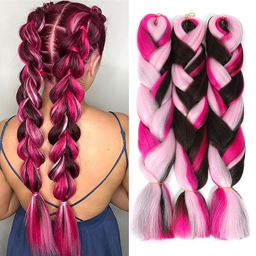 Extensiones de cabello trenzado arcoíris de 24 pulgadas, 3 paquetes de 3 paquetes de extensiones de cabello sintético de alta temperatura,