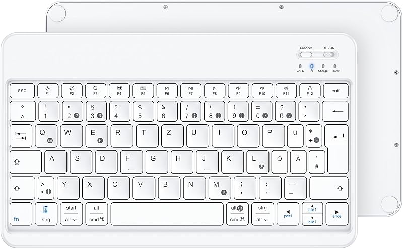 Emetok Német QWERTZ Bluetooth Billentyűzet iPad/iPhone/Samsung/Android Készülékekhez - Ultravékony, Újratölthető, Vezeték Nélküli, Fehér