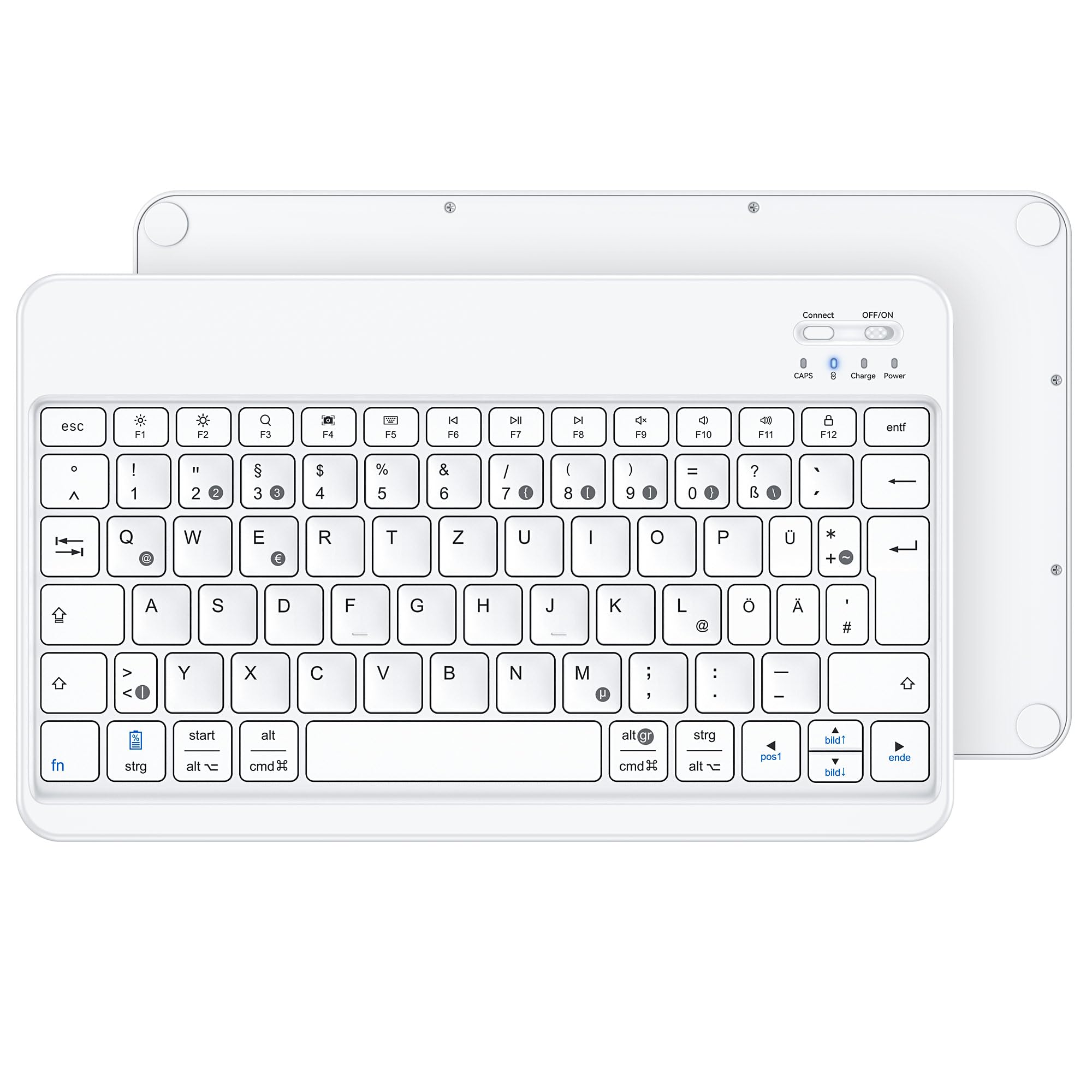 Emetok Deutsche Bluetooth Tastatur für iPad Air/Pro/Mini/10,9/10,2/9,7/iPhone/Samsung/Android, Ultra-dünn, Wiederaufladbar, QWERTZ, Tragbare Kabellose, Weiße
