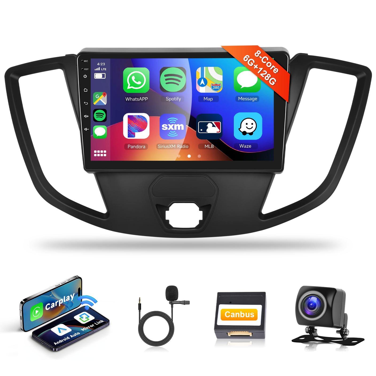 Octa Core 6G+128G for Ford Transit 2013-2019 Android Car Stereo with Wireless CarPlay Android Auto, Podofo 9 inch Touchscreen Bluetooth Radio with GPS Navigation FM/RDS WiFi DSP Backup Camera