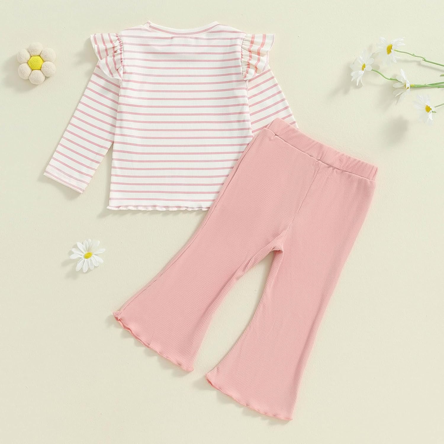 FOCUSNORM Toddler Baby Girl Outfits Ruffle Long Sleeve Striped Trim Tops + Flare Pants Set Toddler 2Pcs Fall Winter Clothes - Image 4