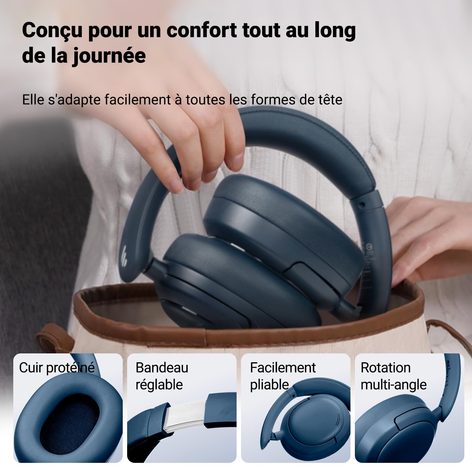 Edifier V80 Casque Bluetooth sans Fil avec ANC -44 DB, Son Haute Résolution, EQ in App, Autonomie 45h, IA Annule Bruit Appels, Charge Rapide, Pliable, Connexion Multipoint - Bleu