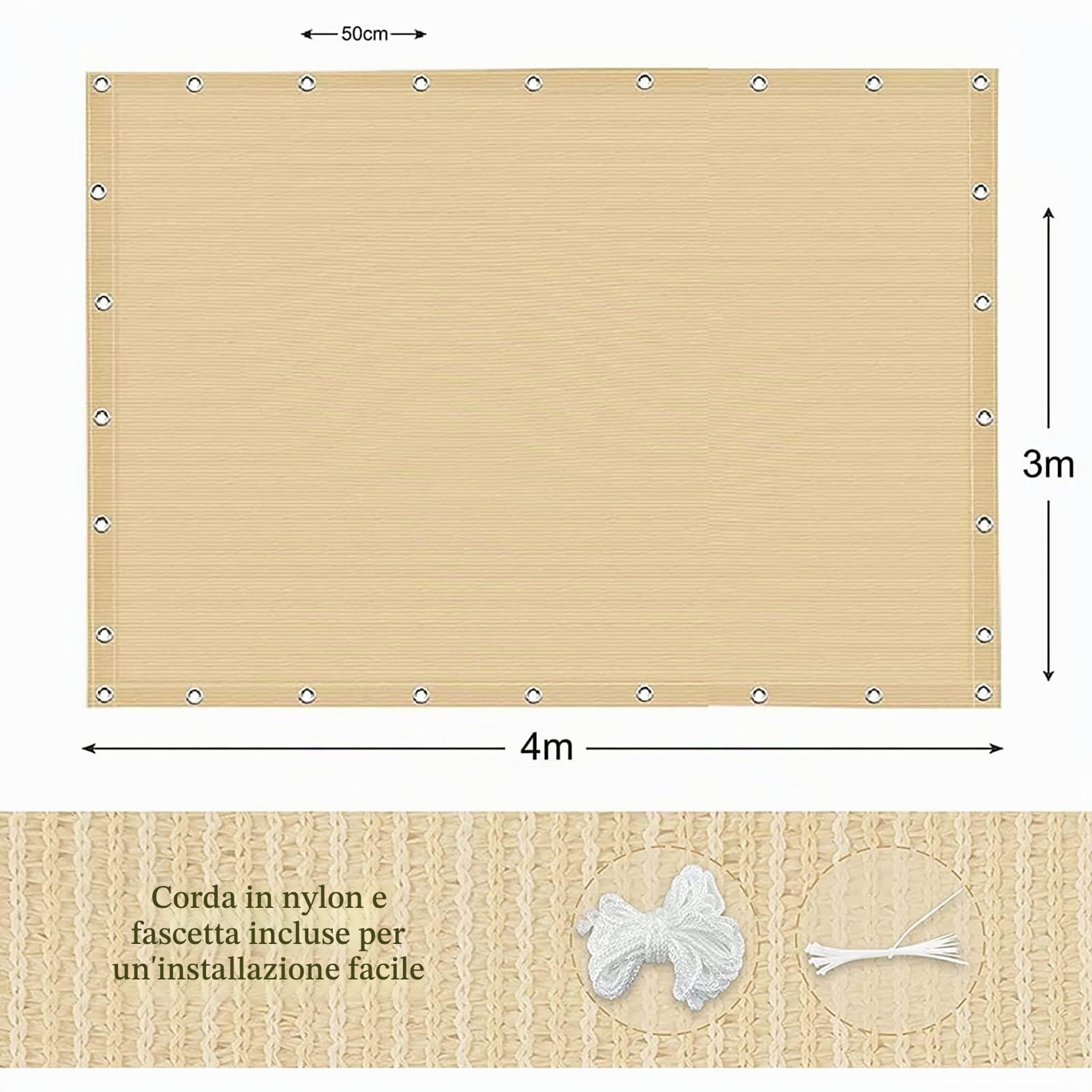 Tenda Parasole a Vela Protezione Solare Rettangolare, HDPE Protezione Raggi 95% UV Tenda da Sole con Funi e Fascette per Giardino, Balcone, Campeggio, Esterno Pergola, 1 Metri 1 Foro, Sabbia (3x4m)