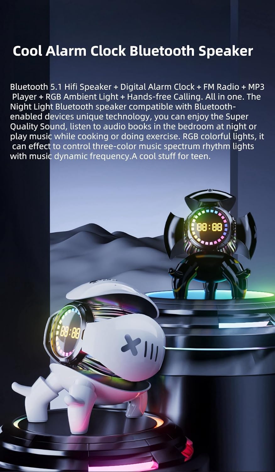 Bluetooth Speaker Alarm Clock with FM Radio, RGB Ambient Lights, TWS Pairing, Support TF Card/AUX/USB Playing, Rechargeable Wireless Party Speaker for Home, Outdoor, Travel and Camping (Black)