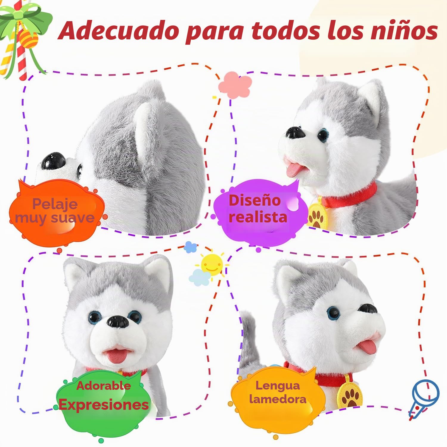 Caminar, ladrido, canto, cachorro husky, repite lo que dices, más realista, lamiendo, cola que mueve la lengua, perro mecánico con contacto electrónico o voz