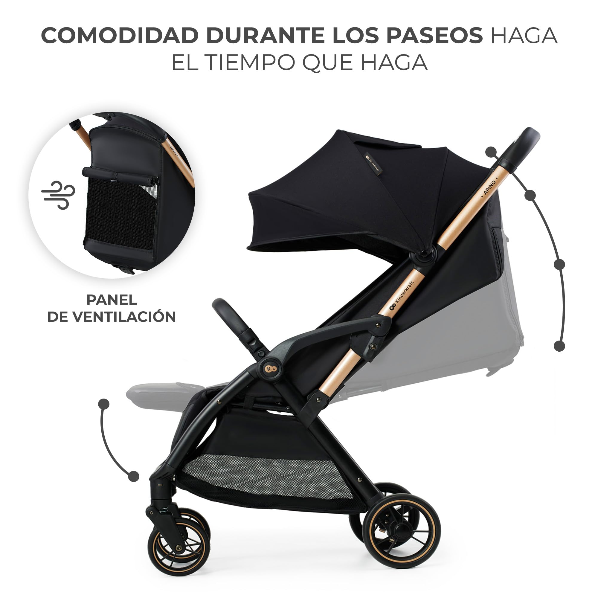 Kinderkraft APINO Silla de Paseo bebé, Carrito, Carro bebé, AUTO FOLDING, Plegado Automático, Posición reclinada, Posición Tumbada, Ligero, 7,5g, Impermeable, Carga Máxima 24 kg, Negro