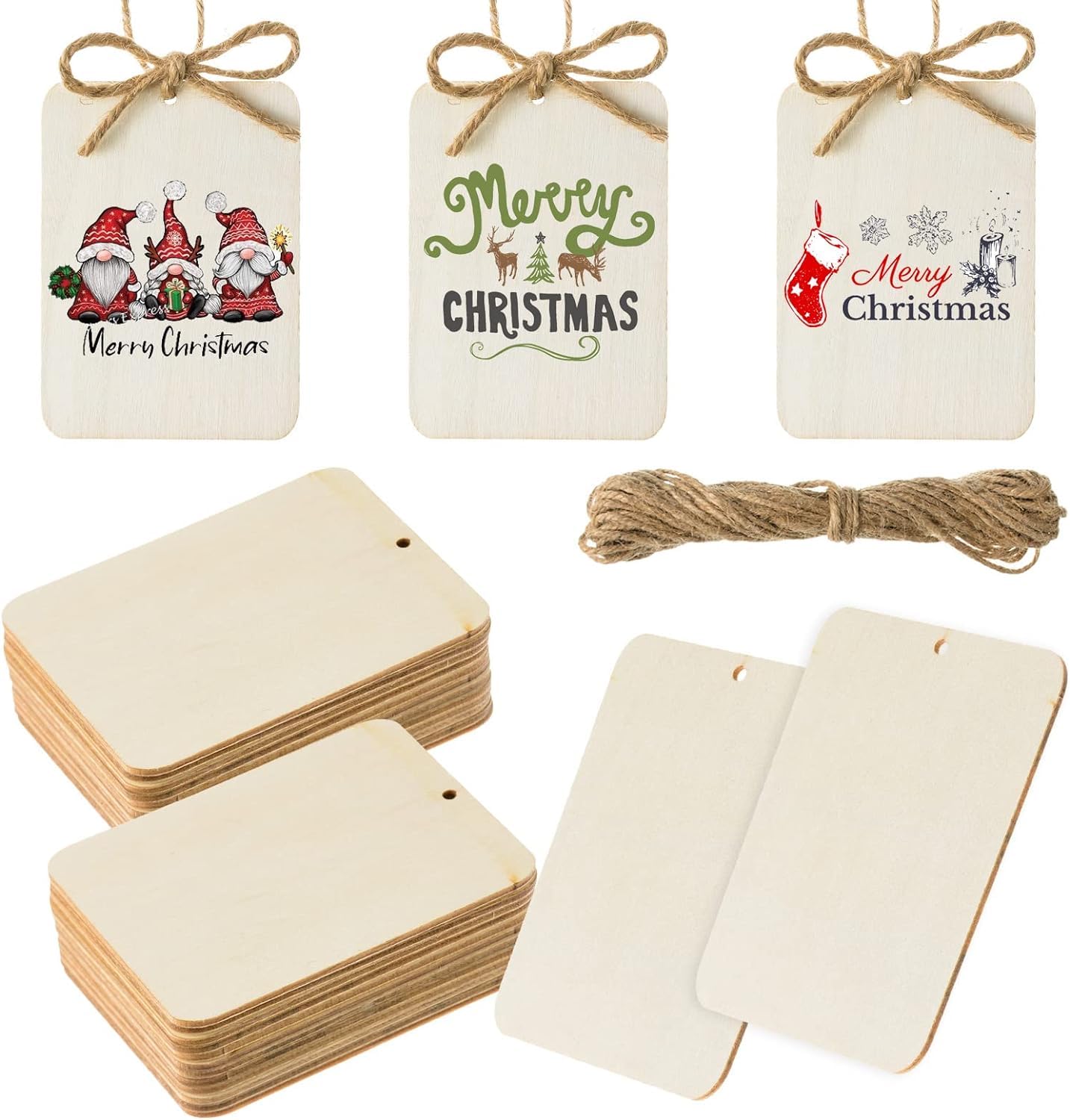 RJ Sales Store 60 Unfinished Wooden with Holes, 3 Inch Wood Discs for Crafts, Blank Wood Cutouts for Signs, Ornaments, Gift Tags, Christmas Decor (Rectangle)