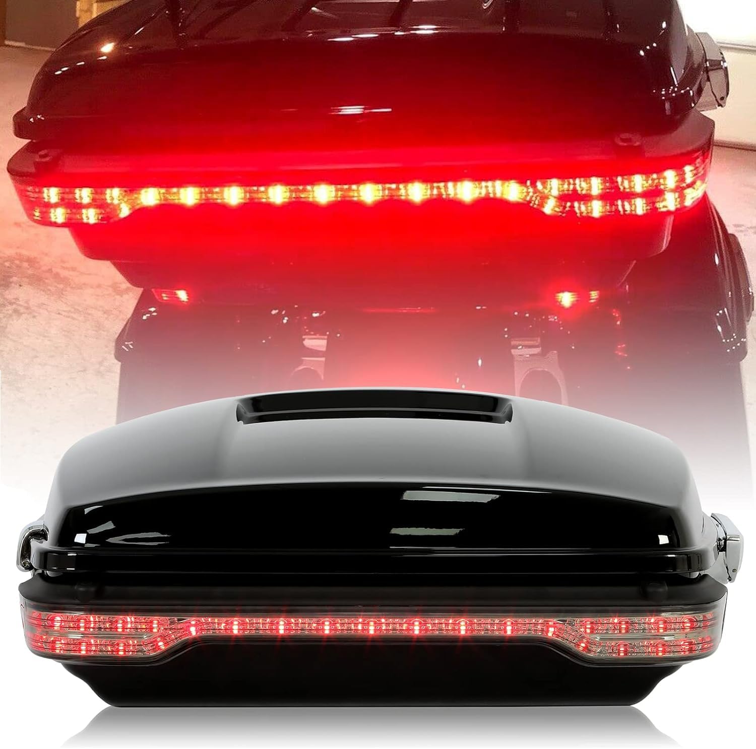 ECOTRIC Chopped Motorcycle Storage Trunk Tail Box w/Wrap Light Compatible with 2014-2024 Harley Touring Models Street Glide Road Glide Road King Electra Glide Rear Brake Tail Light Luggage