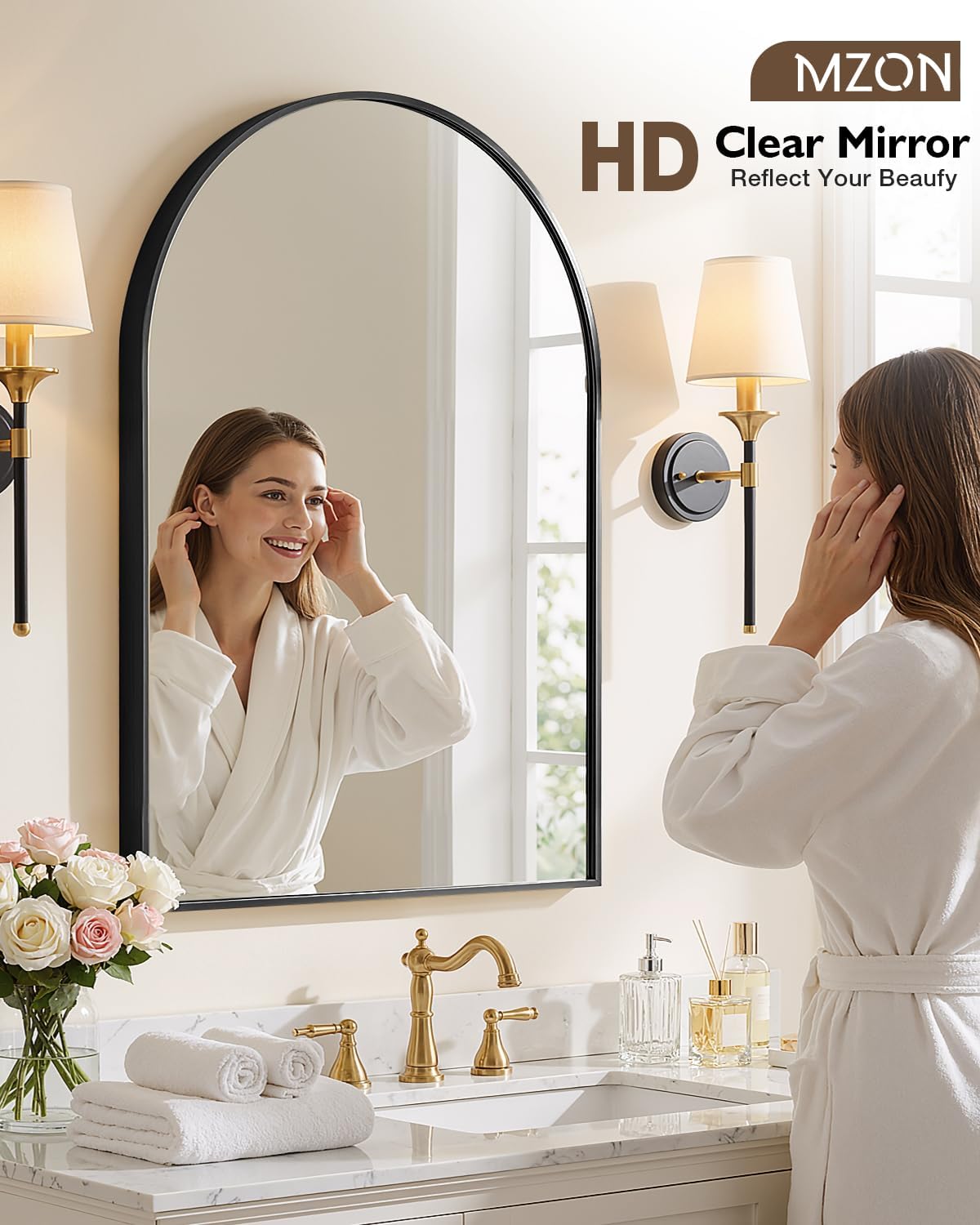 MZON 24 * 36 Inch Arched Black Mirror, Arched Bathroom Mirror, Arch Mirrors for Wall, Vanity, Entryway&Livingroom, Metal Frame&Tempered Glass, Anti-Rust, Modern Home Decor