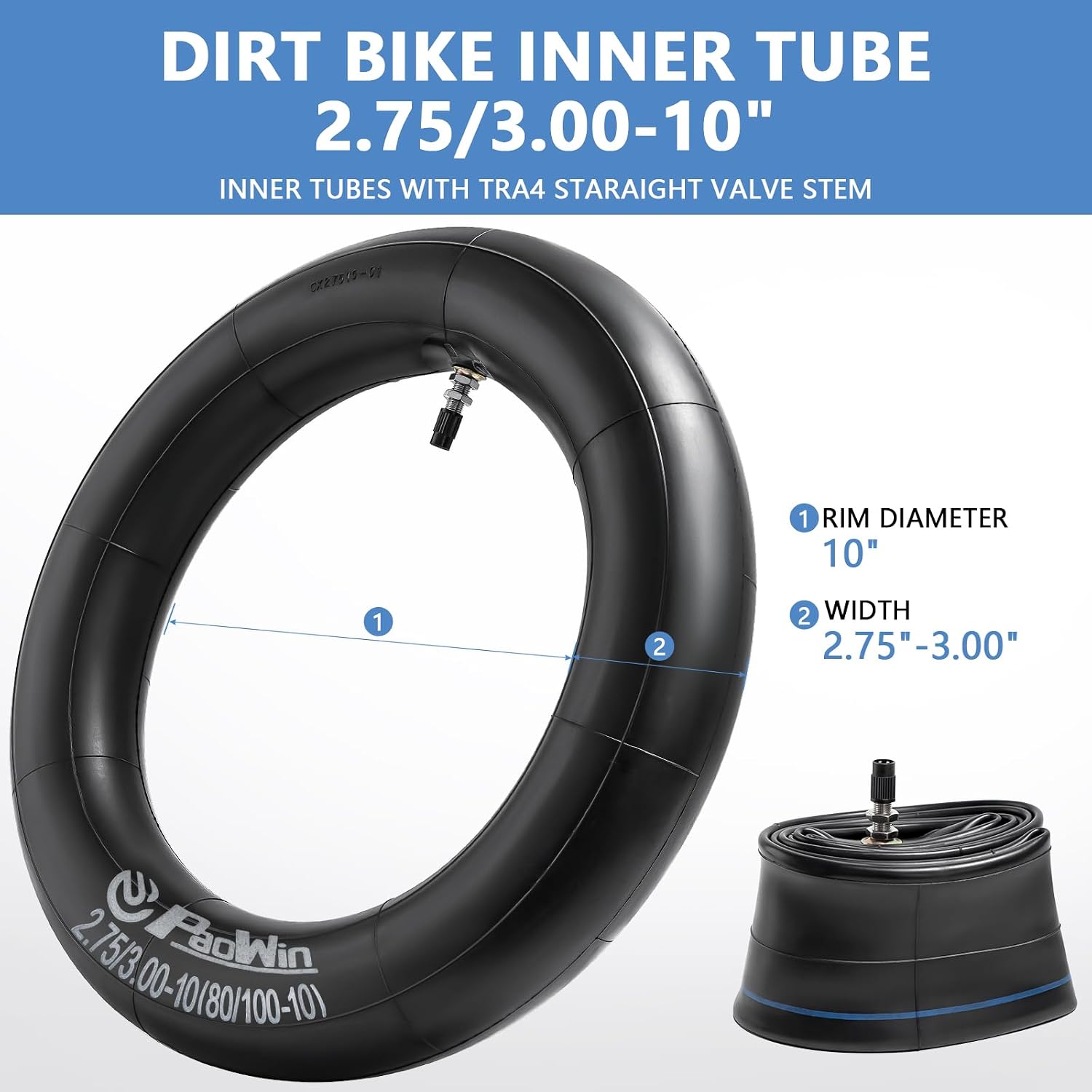 2-PCS 2.75/3.00-10(80/100-10) TR4 Straight Valve Stem Heavy Duty Butyl Rubber Dirt Bike Inner Tubes Compatible with 2.75-10 3.00-10 80/100-10 Mini Pit Bikes, Off-Road Motorcycles Front/Rear Tire Tubes
