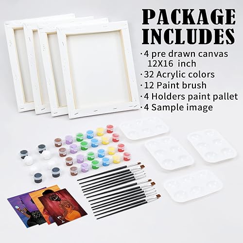 Miniatura 5 de VOCHIC Juego de Pintura en Lienzo Pre-dibujado de 4 Piezas para Adultos, Suministros para Fiesta de Pintura y Sorbo, 30x40 cm, 8 Colores de
