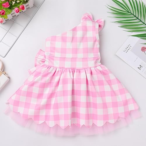 Miniatura 4 de Vestido de cuadros rosa para niña con sombrero, azul y blanco, a lunares, vestido de princesa