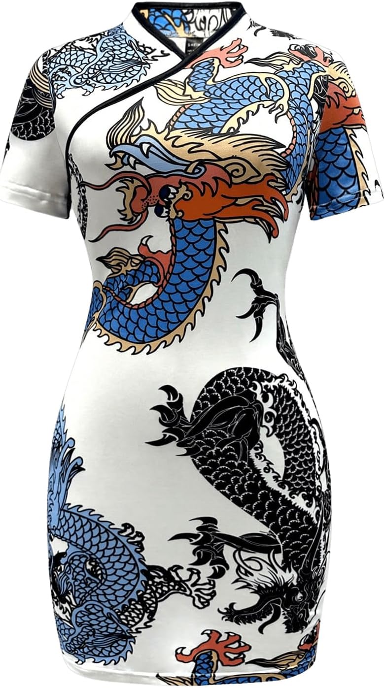 Floerns Women's Cheongsam Chinese Traditional Dragon Print Qipao Bodycon Mini Dress