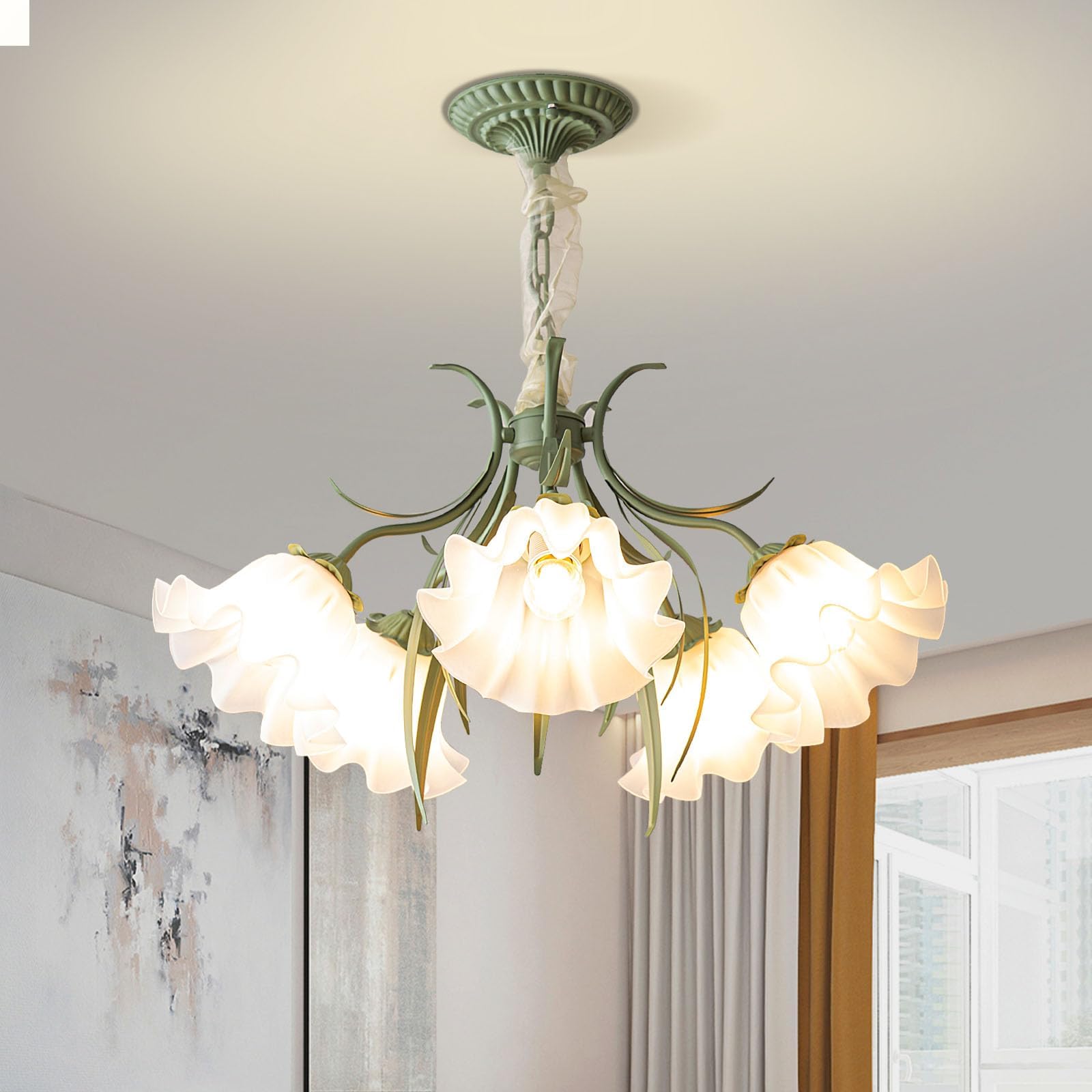 kaixunl French Country Pendant Light,Vintage Flower Design Metal Chandelier, Acrylic Lampshade Retro Chandeliers Ceiling Light for Bedroom Living Room Kitchen Porch Hallway (5 Heads)