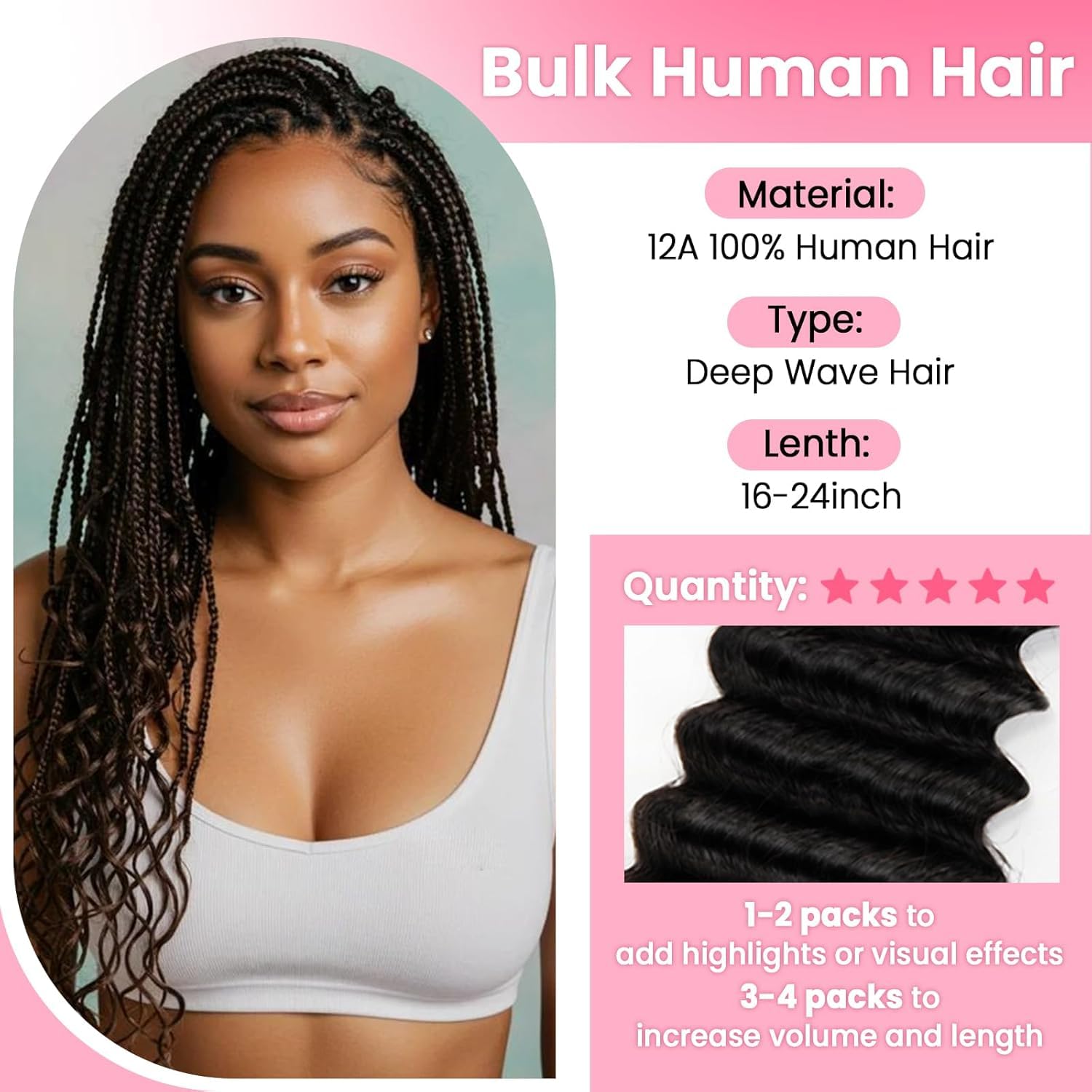 WOWANGEL Human Braiding Hair For Boho Braids 100g,100% Unprocessed Brazilian Virgin Hair, 12A Deep Wave Knotless Bohemian Bundles, Curly Hair Extensions,2 Bundles,Natural Black(1B),20 Inch