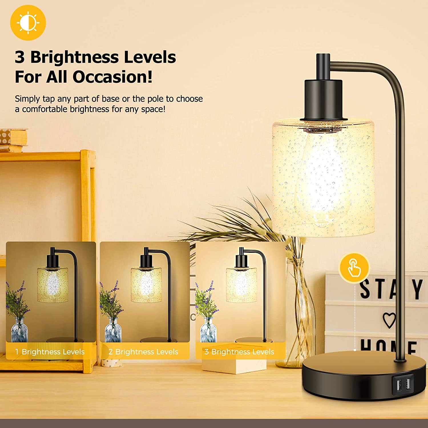 Amazing 🔥 Industrial Table Lamps Set of 2, Bedside Touch Control Lamps for Bedroom, 3-Way Dimmable Vintage Nightstand Lamp with 2 USB Ports&AC Outlet, Desk Lamps for for Reading Living Room, Bulbs Included