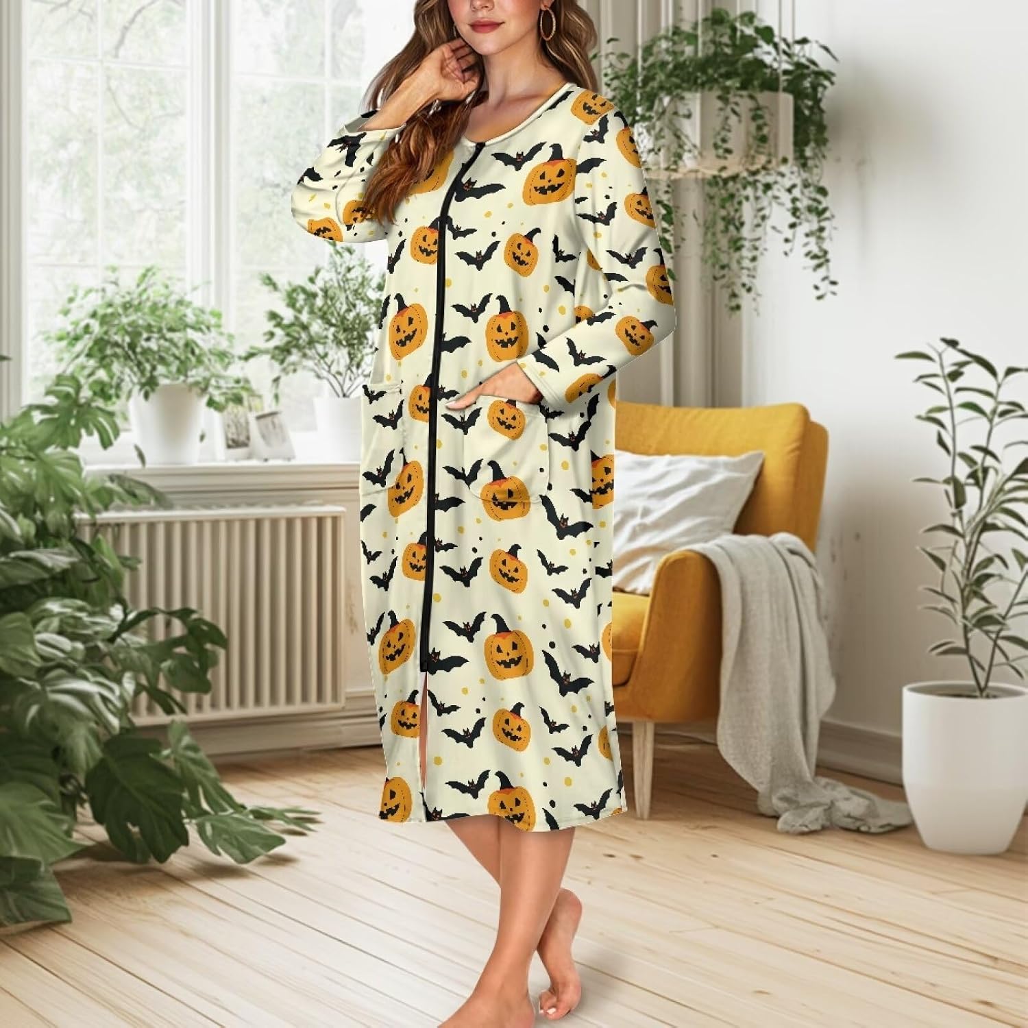 Nights Ladies Sleepwear Zip Up Oversized Nightgowns Crewneck Sleepshirts Lounger Dress Duster Robe with Pockets