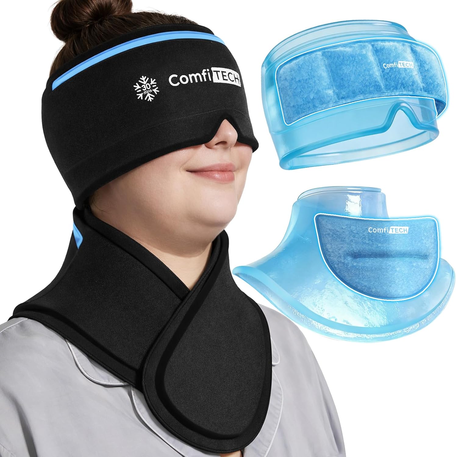 ComfiTECH 30-Min Cooling Dual-Gel Migraine Relief Cap & Extra Long Neck Ice Pack Wrap Set, Hands-Free Cold Therapy Wearable Detachable Packs for Tension, Sinus, Chemo Scalp Soothing, Stiff Neck, M