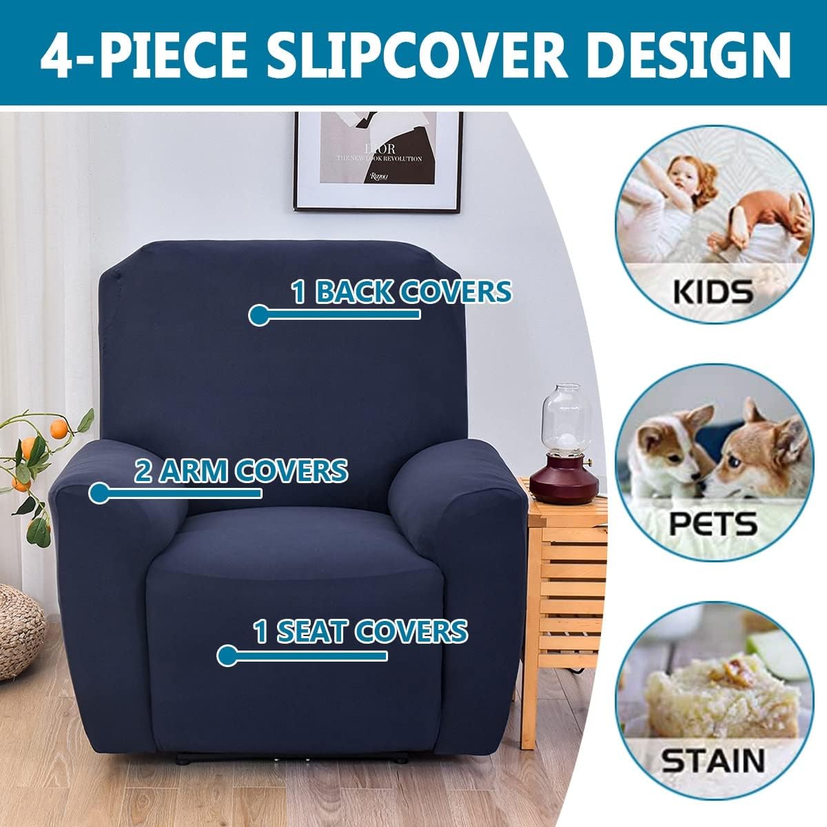 Non-Slip Recliner Chair Covers 1 Seat Recliner Chair Slipcovers Stretch Printed Furniture Protector with Side Pocket Anti-Slip Fitted (#18)