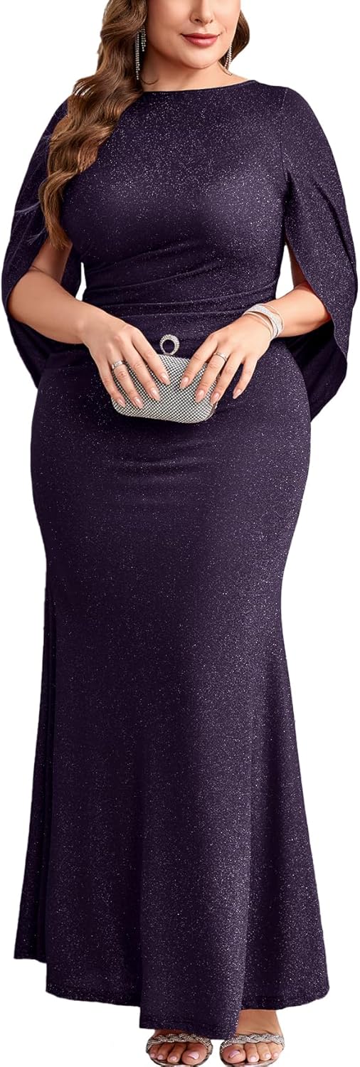 ZOMVA Plus Size Sparkly Glitter Mermaid Maxi Dress Sparkle Sequin Cape Sleeves Ruched Bodycon Dresses Cocktail Formal