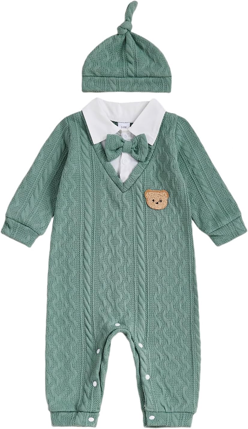 Newborn Infant Baby Boy Outfits Suit Bowtie Bear Embroidery Dress Romper Jumpsuit Gentleman Wedding Clothes Formal