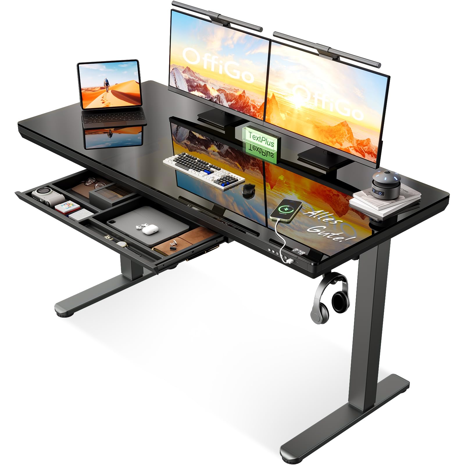 OffiGo Szklane Biurko Regulowane Z Szufladami, 140 x 60cm, Czarny | Elektryczne Biurko Regulowane Wysokością, z USB i Type-C, Szufladami do Biura i Domu