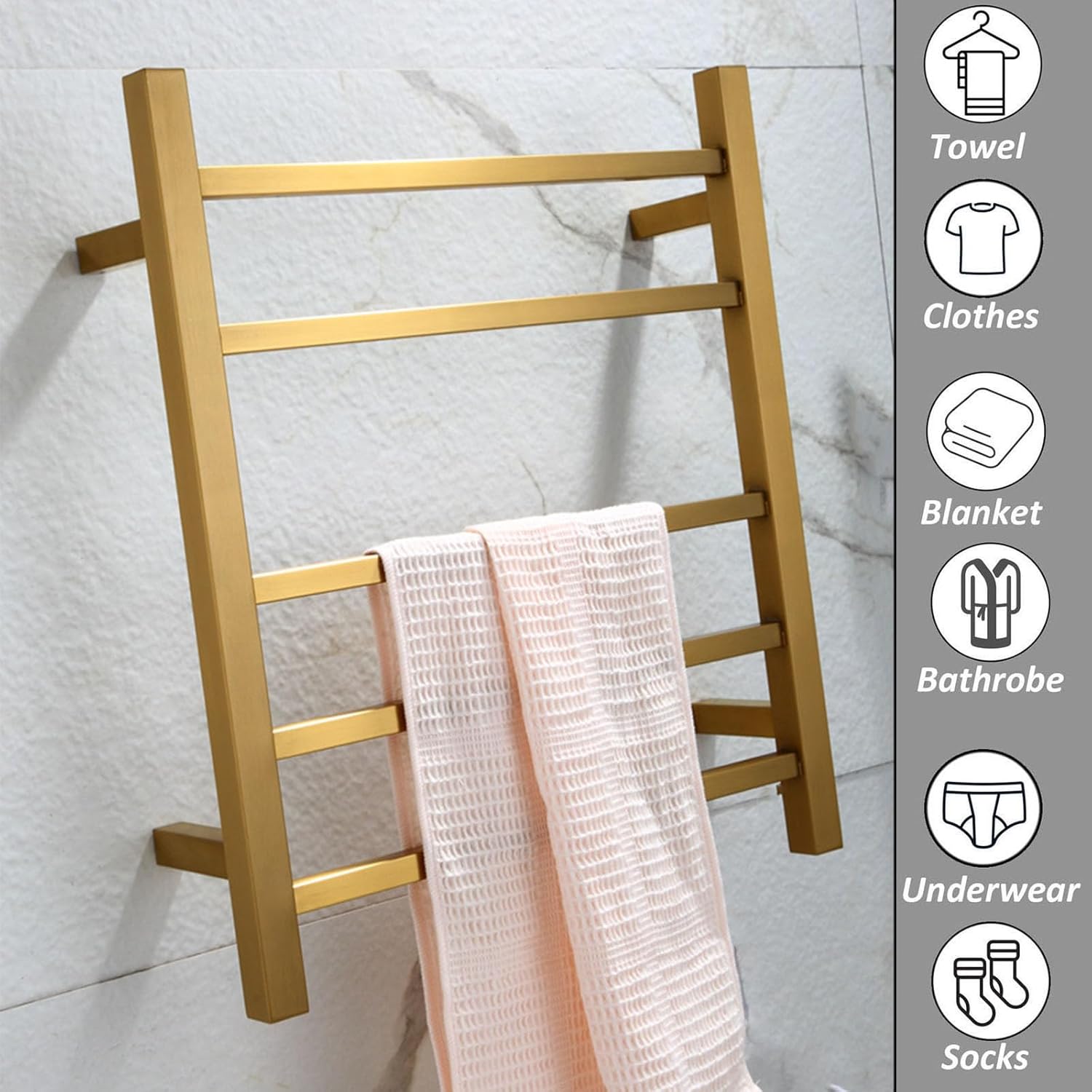 Brushed Gold,Hard Wired,Stainless Steel Heated Drying Rack,5 Bars s for Bathroom,Wall Mounted Heated Towel Rack Constant Temperature