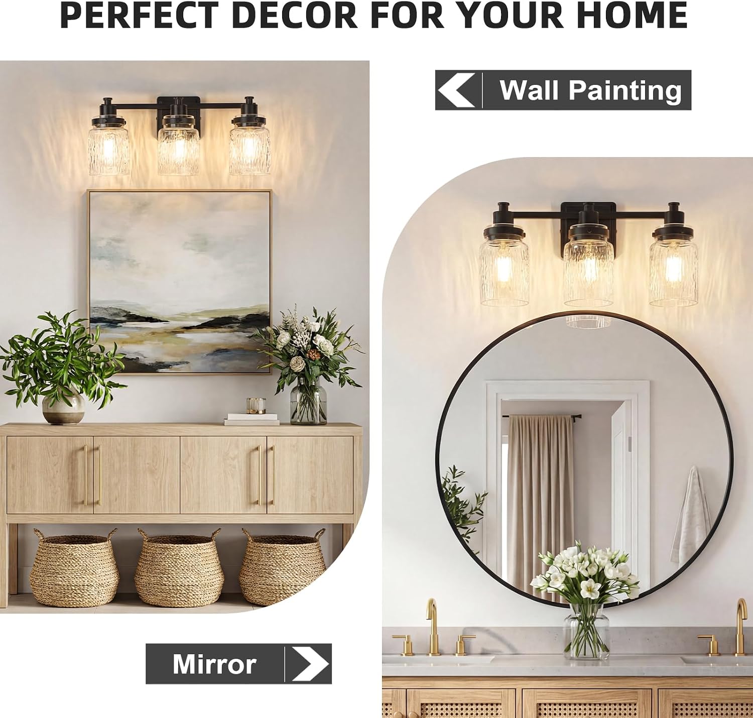 3 Lights Bathroom Light Fixtures Farmhouse Black Vanity Lights for Bathroom Lighting Fixtures Over Mirror with Hammered Glass Lampshade for Cabinet Mirror Bedroom Hallway