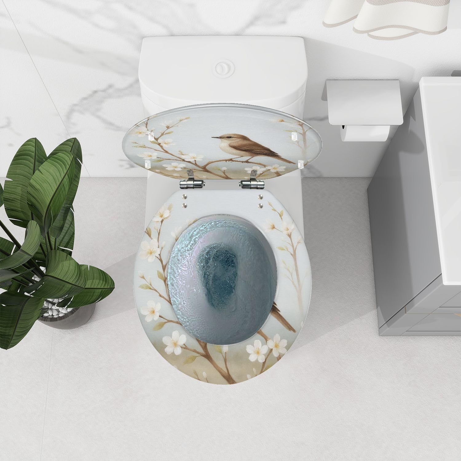 Round Toilet Seat Delicate Brown Bird Flowering Branch White Blossoms Soft Artistic Resin Toilet Seat Quietly Close Quick Release Hinges with Cover Bumpers Decorative Easy to Install Clean
