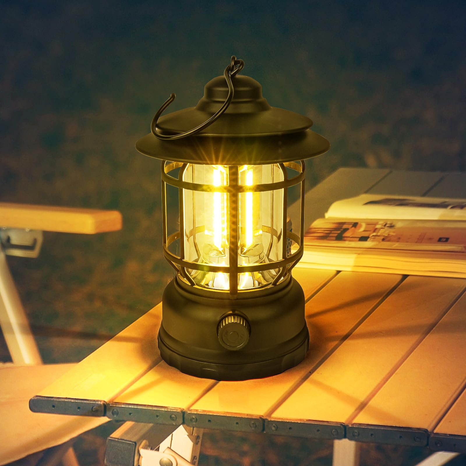 Flintronic Lanterne de camping rechargeable, lampes de camping LED rétro avec gradateurs rotatifs, lumière de tente COB portable à suspendre pour le camping, lumière de camping vintage pour la
