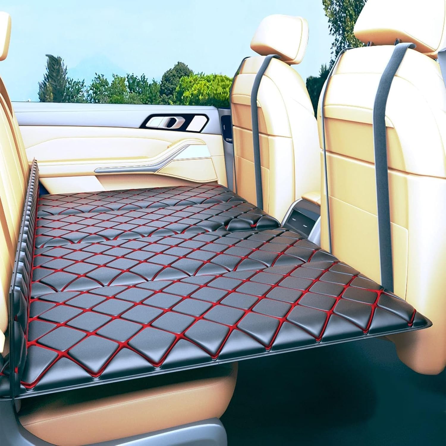 Cama plegable para coche, colchón de asiento trasero para camping y viajes, no inflable, universal para coche/SUV/furgoneta, negro con almohada, portátil y fácil de instalar