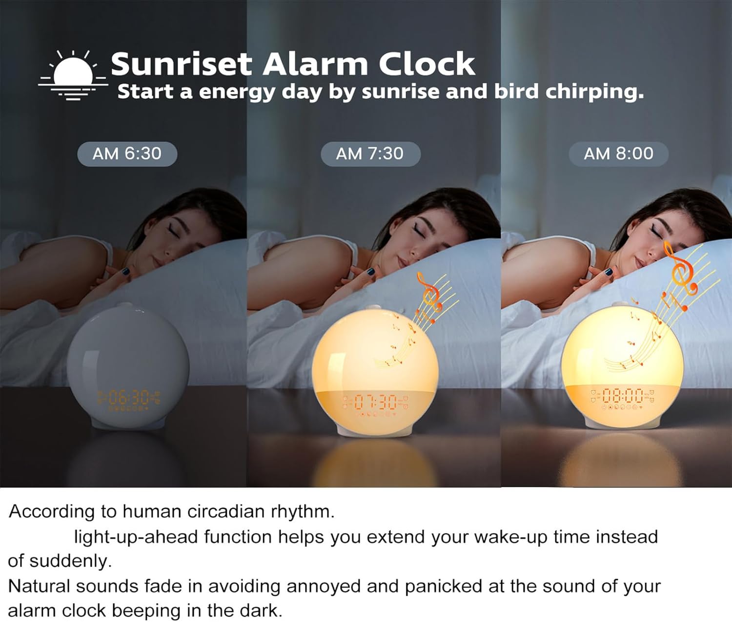 Mjaie Modifiable Light Night Alarm Clock Morning Replication Soft Lighting Double Alarms Drowse 7 Sounds Standing Round Night