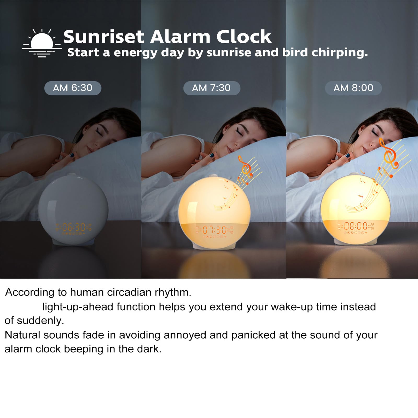 Reloj despertador digital con doble alarma, 7 sonidos naturales, lámpara de estado de ánimo que cambia de color, luz nocturna con sonido de alarma múltiple