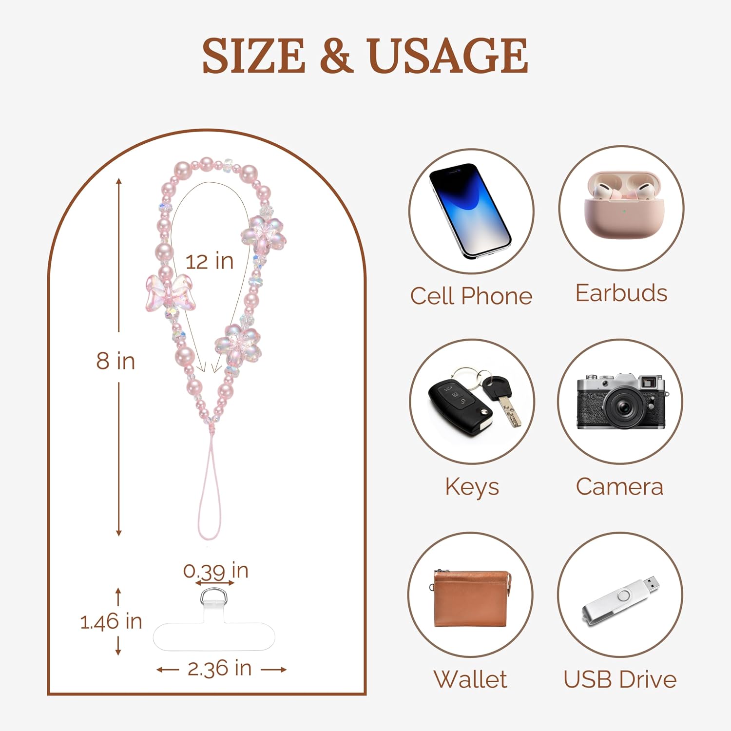 Butterfly & Floral Phone Charm Wrist Strap, Lanyard Wristlet Chain, Anti-Theft Bracelet Strap for iPhone & More Cases