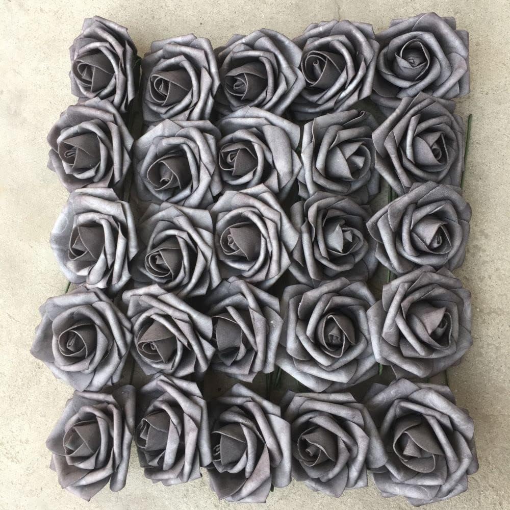 Rina Dark Gray Wedding Flowers, Bulk Artificial Flowers Dark Gray Roses, Dark Grey Flowers for Wedding Bouquets Party Decorations 50pcs, ETEUW3023